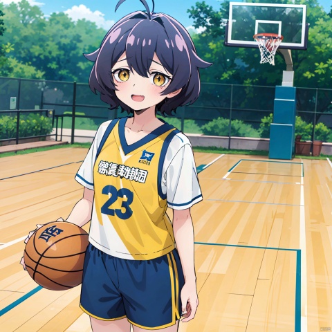  masterpiece, best quality,1girl,魔法枫糖, solo, looking at viewer, short hair, open mouth, bangs, holding, standing, yellow eyes, white shirt, ahoge, short sleeves, :d, blue sports shorts, yellow sports vest,Basketball court,😦,