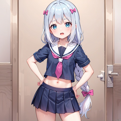  masterpiece, bestquality, Izumi Sagiri, 1girl, solo, long hair, looking at viewer, blush, open mouth, blue eyes, skirt, bow, navel, very long hair, school uniform, standing, collarbone, braid, short sleeves, hair bow, grey hair, cowboy shot, pleated skirt, necktie, serafuku, hand on hip, cosplay, single braid, pointing, pink bow, midriff peek,