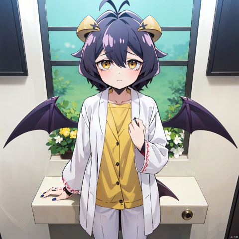 masterpiece,bestquality,1girl,魔法枫糖, solo, looking at viewer, short hair, bangs, black hair, hair between eyes, yellow eyes, purple hair, ahoge, wings, horns, puffy sleeves, pants, nail polish, demon girl, antenna hair, demon horns, bridal gauntlets, demon wings, (Bathrobe:1.3),