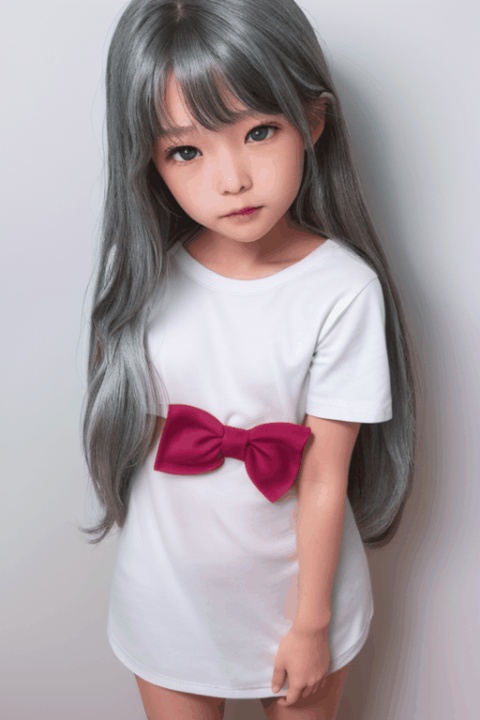  masterpiece, bestquality, Izumi Sagiri, 1girl, little girl, child, solo, looking at viewer, blue eyes, bow, ribbon, very long hair, silver hair, hair bow, pink bow, low-tied long hair, Above the knee, standing, Small breasts, simple background, white background, white shirt, short sleeves,