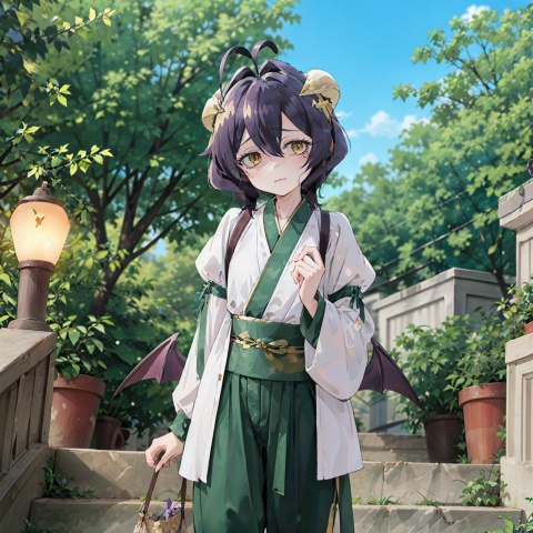 masterpiece,bestquality,1girl,魔法枫糖, solo, looking at viewer, short hair, bangs, black hair, hair between eyes, yellow eyes, purple hair, ahoge, wings, horns, puffy sleeves, pants, demon girl, antenna hair, demon horns, demon wings, hanfu,