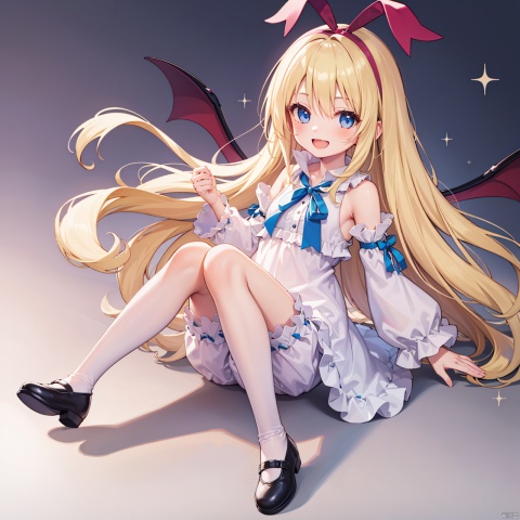  masterpiece, bestquality, Flonne, 1girl, solo, long hair, smile, open mouth, blue eyes, blonde hair, bow, ribbon, very long hair, underwear, :d, detached sleeves, wings, shoes, bloomers, white bloomers,
