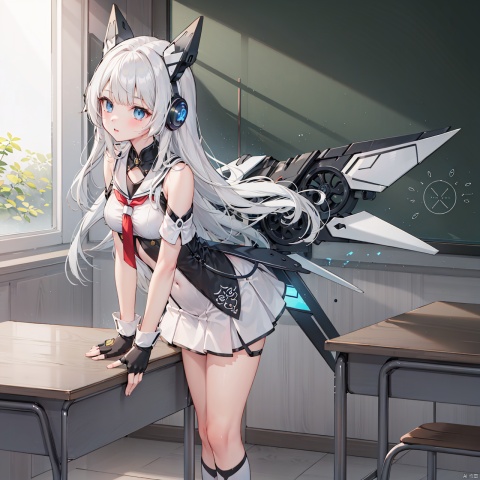  masterpiece, best quality, 1girl, Tianqi Ji,solo, long hair, breasts, bangs, blue eyes, gloves, bare shoulders, white hair,wings, fingerless gloves, headgear, mecha musume,Classroom,(School uniform),