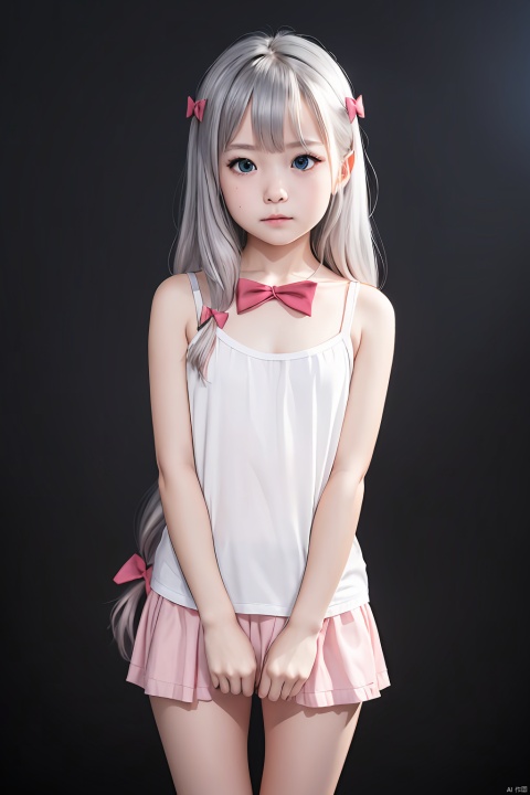  masterpiece, bestquality, Izumi Sagiri, 1girl, little girl, child, solo, looking at viewer, blue eyes, bow, ribbon, very long hair, silver hair, hair bow, pink bow, low-tied long hair, white background, simple background, Above the knee, standing, Short, Small breasts,