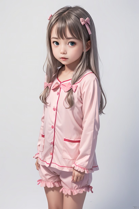 masterpiece, bestquality, Izumi Sagiri, 1girl, little girl, child, solo, looking at viewer, blue eyes, bow, ribbon, very long hair, silver hair, hair bow, pink bow, low-tied long hair, pajamas, pink shorts, white background, simple background, Above the knee, standing, Short,