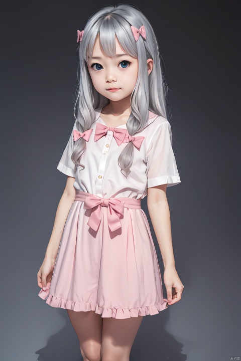  masterpiece, bestquality, Izumi Sagiri, 1girl, little girl, child, solo, looking at viewer, blue eyes, bow, ribbon, very long hair, silver hair, hair bow, pink bow, low-tied long hair, white background, simple background, Above the knee, standing, Short, 