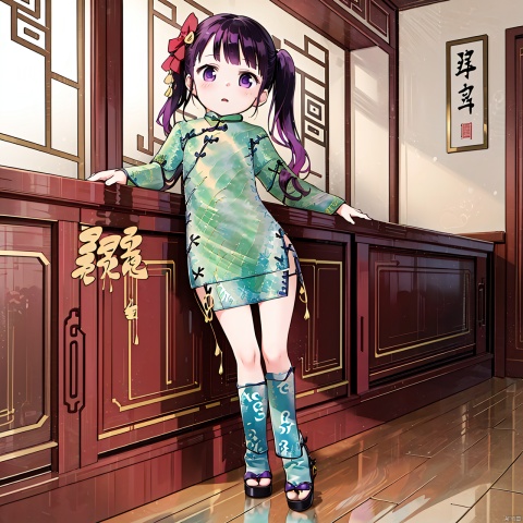 masterpiece, best quality, 1girl, loli,Cocoa,solo, long hair, black hair,bow, twintails, purple eyes, purple hair, hair bow, full body, Indoor, (cheongsam:2), Chinese New Year,