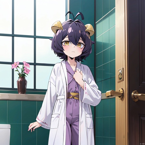 masterpiece,bestquality,1girl,魔法枫糖, solo, looking at viewer, short hair, bangs, black hair, hair between eyes, yellow eyes, purple hair, ahoge, wings, horns, puffy sleeves, pants, demon girl, antenna hair, demon horns, demon wings, (Bathrobe:1.3),