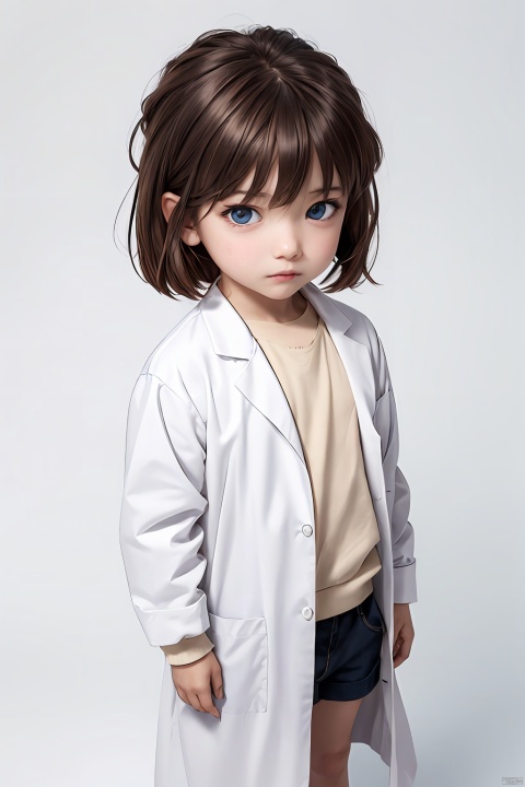  masterpiece, bestquality, haibara ai, 1girl, solo, looking at viewer, short hair, bangs, blue eyes, brown hair, hair between eyes, little girl, child, naked, white background, simple background, Above the knee, labcoat,
