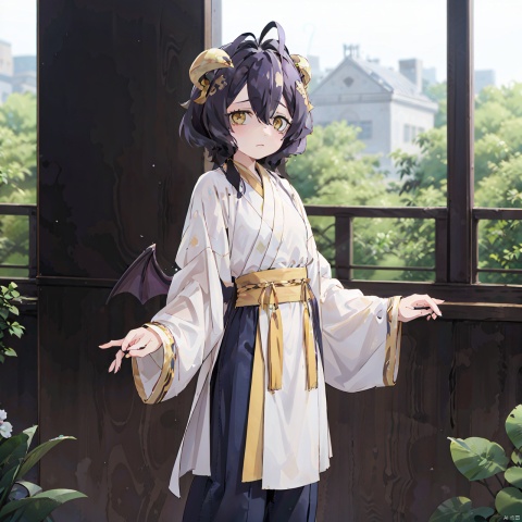 masterpiece,bestquality,1girl,魔法枫糖, solo, looking at viewer, short hair, bangs, black hair, hair between eyes, yellow eyes, purple hair, ahoge, wings, horns, puffy sleeves, pants, demon girl, antenna hair, demon horns, demon wings, hanfu, han style,