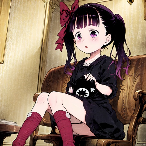 masterpiece, best quality, 1girl, loli,Cocoa,solo, long hair, black hair, dress, bow, twintails, purple eyes, purple hair, hair bow, socks, black dress, child,