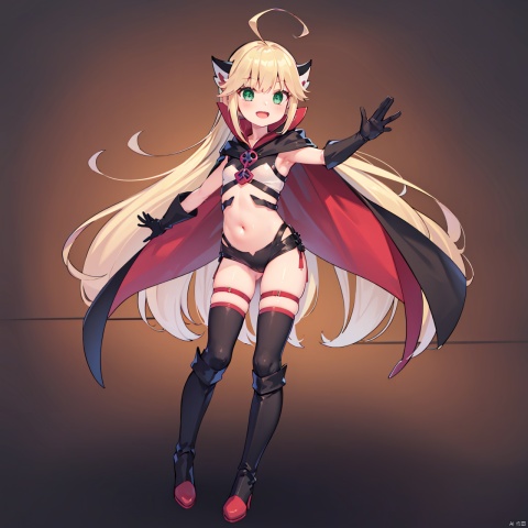  masterpiece, bestquality, Duolongzhi, 1girl, solo, long hair, smile, open mouth, green eyes, blonde hair, thighhighs, gloves, very long hair, ahoge, :d, boots, black gloves, cape, mask, knee boots, stand, full body,