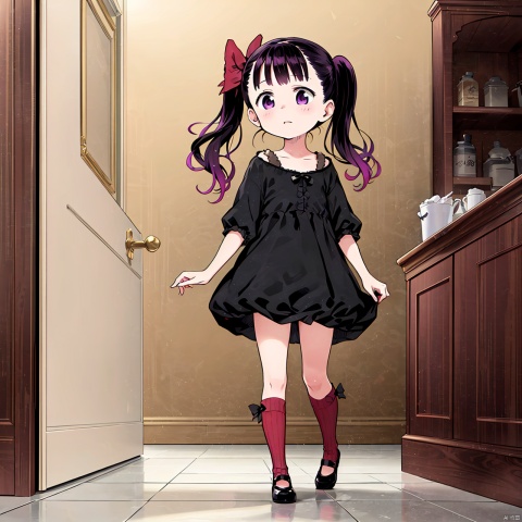 masterpiece, best quality, 1girl, loli,Cocoa,solo, long hair, black hair,bow, twintails, purple eyes, purple hair, hair bow, full body,