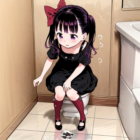  masterpiece, best quality, 1girl, loli,Cocoa,solo, long hair, black hair,bow, twintails, purple eyes, purple hair, hair bow, full body,Toilet,Pee,