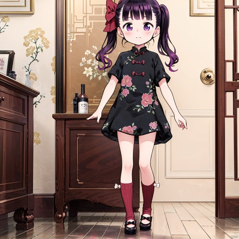 masterpiece, best quality, 1girl, loli,Cocoa,solo, long hair, black hair,bow, twintails, purple eyes, purple hair, hair bow, full body, Indoor, cheongsam, Chinese New Year,