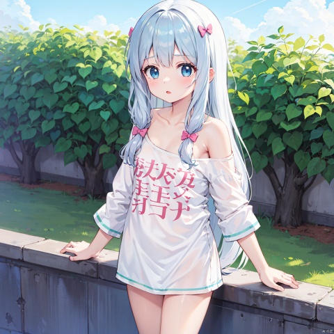 masterpiece, bestquality, Izumi Sagiri, 1girl, solo, long hair, blue eyes, blue hair, hair bow, pink bow, naked t-shirt, (Open the neckline), collarbone, Half-exposed breasts, flat chest, off shoulder, standing, 