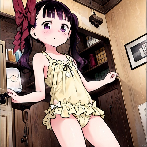  masterpiece, best quality, 1girl, loli,Cocoa,solo, long hair, black hair,bow, twintails, purple eyes, purple hair, hair bow, nightgown,swimsuit,
