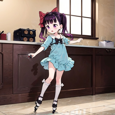 masterpiece, best quality, 1girl, loli,Cocoa,solo, long hair, black hair,bow, twintails, purple eyes, purple hair, hair bow, full body, Indoor, skating,