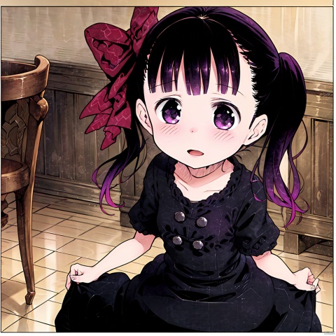 masterpiece, best quality, 1girl, loli,Cocoa,solo, long hair, black hair, dress, bow, twintails, purple eyes, purple hair, hair bow, black dress, 