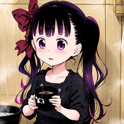  masterpiece, best quality, 1girl, loli,Cocoa,solo, long hair, black hair, bow, twintails, purple eyes, purple hair, hair bow, Take a shower,