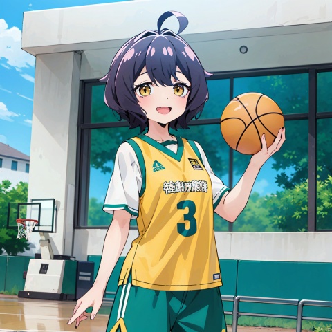  masterpiece, best quality,1girl,魔法枫糖, solo, looking at viewer, short hair, open mouth, bangs, holding, standing, yellow eyes, white shirt, ahoge, short sleeves, :d, blue sports shorts, yellow sports vest,Basketball court,