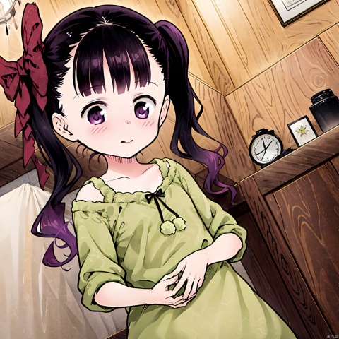  masterpiece, best quality, 1girl, loli,Cocoa,solo, long hair, black hair,bow, twintails, purple eyes, purple hair, hair bow, nightgown,