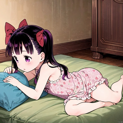 masterpiece, best quality, 1girl, loli,Cocoa,solo, long hair, black hair,bow, twintails, purple eyes, purple hair, hair bow, full body,nightgown,Underwear,
