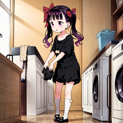  masterpiece, best quality, 1girl, loli,Cocoa,solo, long hair, black hair,bow, twintails, purple eyes, purple hair, hair bow, full body,do the laundry,