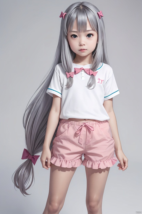  masterpiece, bestquality, Izumi Sagiri, 1girl, little girl, child, solo, looking at viewer, blue eyes, bow, ribbon, very long hair, silver hair, hair bow, pink bow, low-tied long hair, white background, simple background, Above the knee, standing, Short,