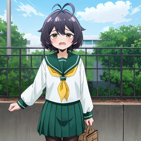  masterpiece, bestquality,1girl,魔法枫糖, solo, looking at viewer, short hair, bangs, skirt, shirt, long sleeves, brown eyes, school uniform, ahoge, pantyhose, pleated skirt, serafuku, sailor collar, neckerchief, black pantyhose, antenna hair, green skirt, yellow neckerchief, green sailor collar, Anger,