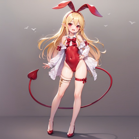  masterpiece, bestquality, Flonne, 1girl, solo, long hair, looking at viewer, smile, open mouth, blonde hair, red eyes, bow, ribbon, very long hair, full body, hairband, pointy ears, fang, high heels, leotard, bare legs, covered navel, thigh strap, demon tail, red leotard, tail bow, red wings,