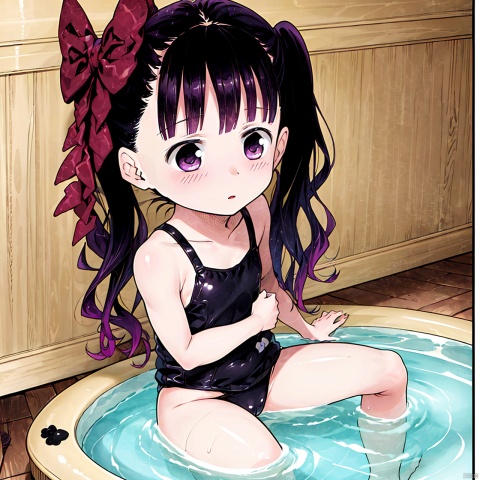  masterpiece, best quality, 1girl, loli,Cocoa,solo, long hair, black hair, bow, twintails, purple eyes, purple hair, hair bow, Swimsuit,