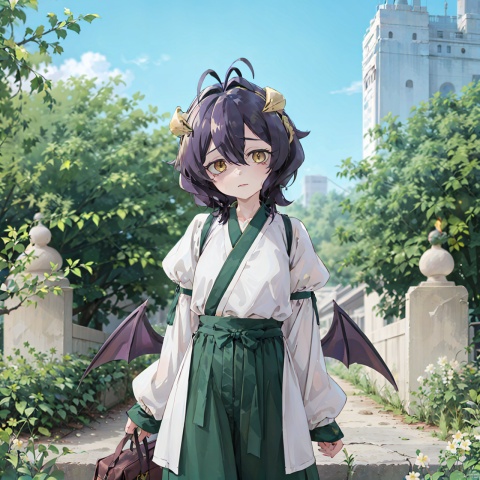 masterpiece,bestquality,1girl,魔法枫糖, solo, looking at viewer, short hair, bangs, black hair, hair between eyes, yellow eyes, purple hair, ahoge, wings, horns, puffy sleeves, pants, demon girl, antenna hair, demon horns, demon wings, hanfu,