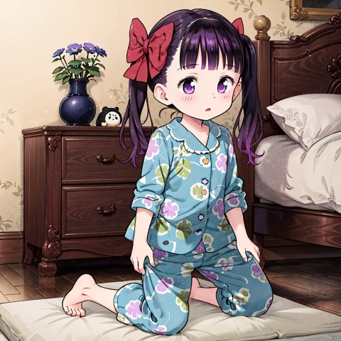  masterpiece, best quality, 1girl, loli,Cocoa,solo, long hair, black hair,bow, twintails, purple eyes, purple hair, hair bow, full body, pixiv54698934, Pajamas, bedroom,