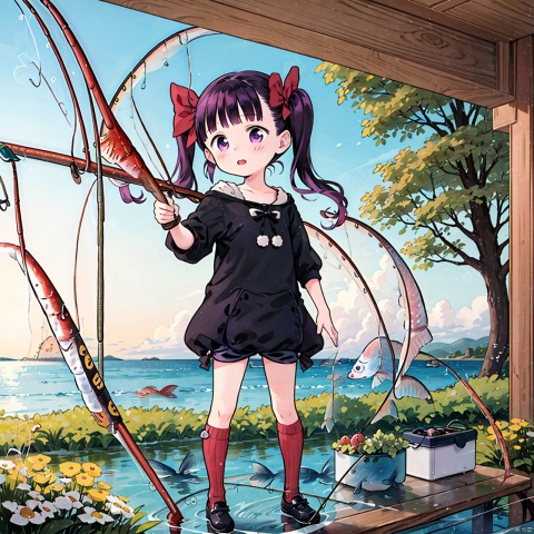 masterpiece, best quality, 1girl, loli,Cocoa,solo, long hair, black hair,bow, twintails, purple eyes, purple hair, hair bow, full body, By the sea, (Fishing:2),