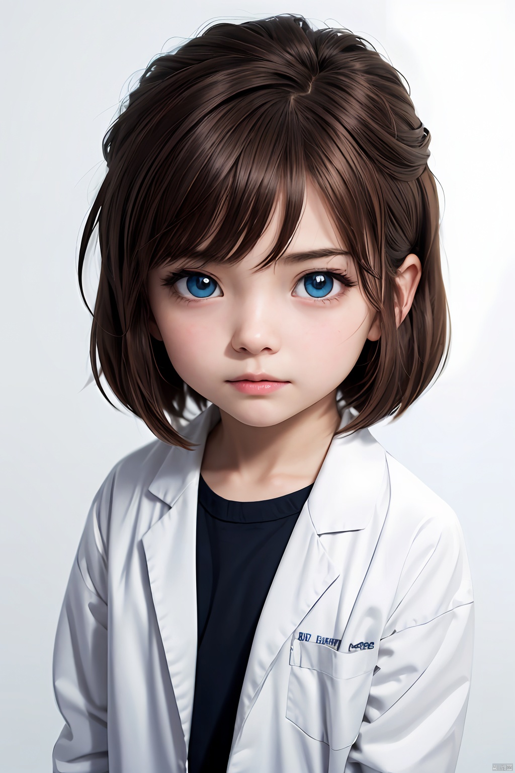  masterpiece, bestquality, haibara ai, 1girl, solo, looking at viewer, short hair, bangs, blue eyes, brown hair, hair between eyes, 5th grade loli, little girl, naked, white background, simple background, labcoat, *****,
