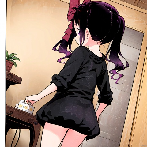  masterpiece, best quality, 1girl, loli,Cocoa,solo, long hair, black hair,bow, twintails, purple eyes, purple hair, hair bow, Turn your back,Take off your clothes,