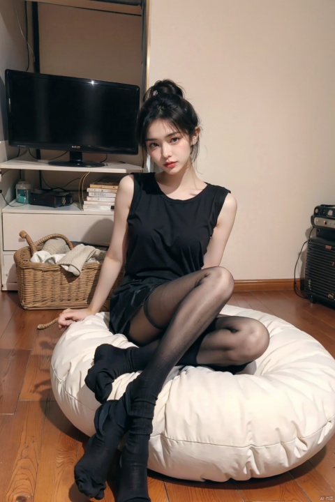  A beautiful woman with a height of 176 cm is sitting in socks. She is slender and her socks are solid color pile socks,black pantyhose, takei film