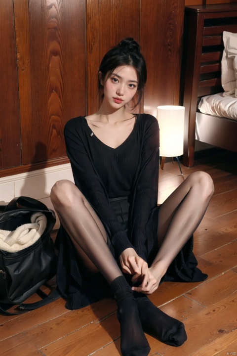  A beautiful woman with a height of 176 cm is sitting in socks. She is slender and her socks are solid color pile socks,black pantyhose, takei film