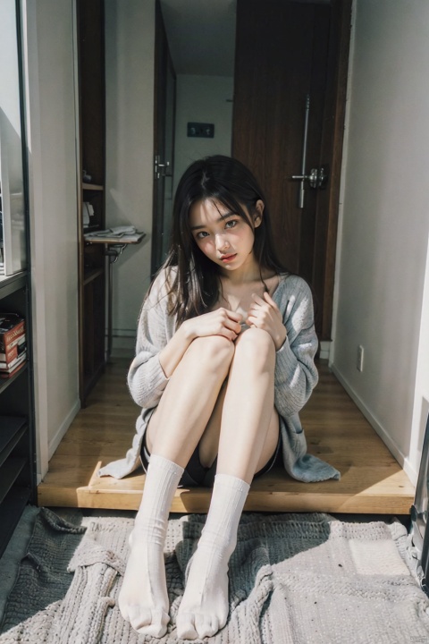  A beautiful woman with a height of 176 cm is sitting in socks. She is slender and her socks are solid color pile socks,black pantyhose, takei film, Detail