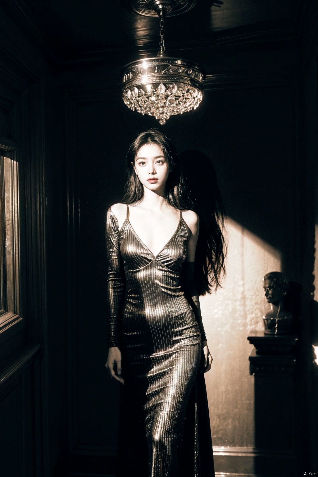  (the text on the cover should be bold and attention-grabbing, with the title of the magazine and a catchy headline:1.4)、A captivating, high-fashion portrait of a poised model, lounging on a plush velvet chaise longue in an opulent, dimly lit boudoir. The subject exudes a sense of elegance and mystery with their smoky eyes and bold red lipstick, reminiscent of the iconic style found in Annie Leibovitz's photographs. They are dressed in a luxurious, floor-length black satin gown with a dramatic train that spills onto the marble floor, its sheen accentuated by the soft lighting from a vintage crystal chandelier overhead. A single spotlight highlights the model's sculpted profile, casting deep shadows and adding depth to the scene. The atmosphere is filled with a subtle air of intrigue as the model holds a delicate, antique Venetian masquerade mask. Render this image in the spirit of Annie Leibovitz’s masterful photography, using (8K resolution, best quality: 1.2), (cinematic lighting setup: 1.35), (hyper-realistic fabric rendering: 1.4), (extreme facial detail: 1.5), (rich color grading for dramatic effect: 1.6), (high-contrast chiaroscuro: 1.7), (fine-art composition: 1.8), (film-like texture: 1.9). ((poakl)),