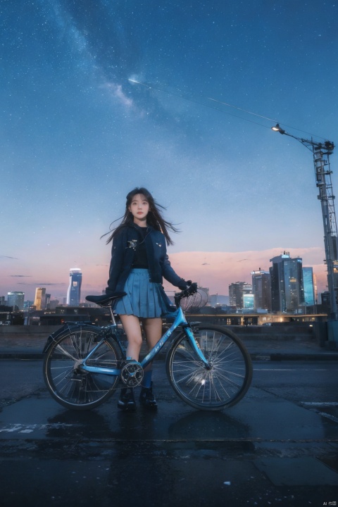  cloud, ground_vehicle, bicycle, sky, outdoors, 1girl, day, skirt, blue_sky, long_hair, brown_hair, building, cloudy_sky, solo, scenery, shoes, blue_skirt,cloud, milky_way, night, night_sky, power_lines, shooting_star, sky, star_\(sky\), starry_sky, constellation, galaxy, utility_pole, space, starry_sky_print, city_lights, cloudy_sky, sunset, snowing, aurora, starry_background, twilight, light_particles, gradient_sky, planet, lamppost, horizon, moon, crescent_moon, dusk, outdoors, skyline, sunrise, mountain, earth_\(planet\), scenery, snow, building, goddess,moyou, 1 girl