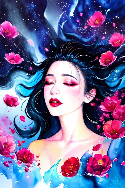 Watercolor, Watercolor painting, Color ink painting, Hand-drawn, Splash ink, Color ink, Rich in color, Pigment spraying, 1girl, solo, long hair, black hair, closed eyes, upper body, flower, lips, petals, makeup, floating hair, traditional media, lipstick, painting \(medium\), watercolor \(medium\)