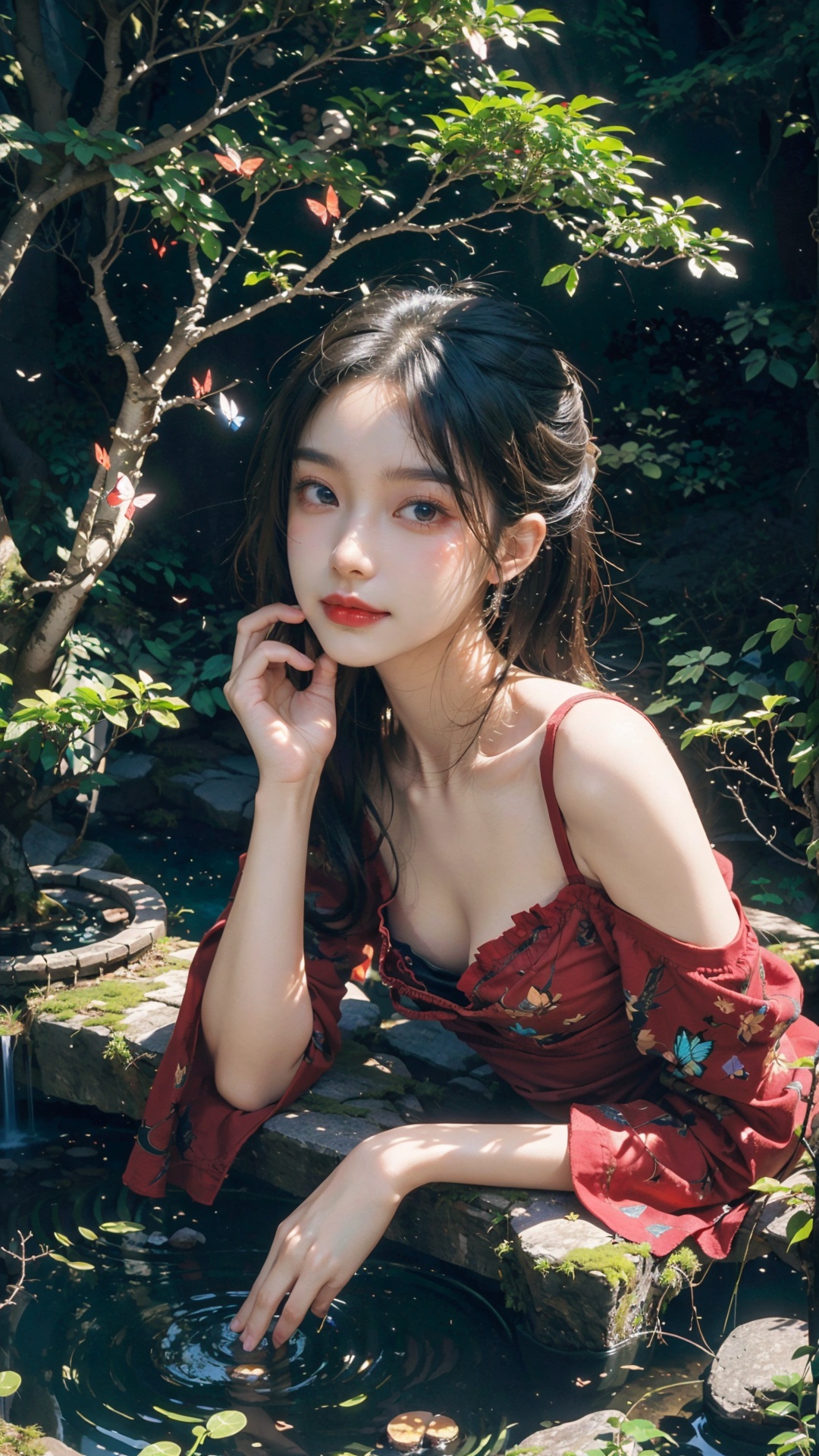 masterpiece, RAW photo, official art, ulzzang, beautiful and aesthetic:1.2, masterpiece, photo realistic, highly detailed, fashion photography, full body shot, full body photo, Real person, girl, fairy tale girl, nvshen, Suspended in the air, Suspended peaks, A floating stone, Red dress, Red dress, dress, Fine clothes, DUNHUANG_CLOTHS, occult, Dreamy scene, Fantasy land, Unreal and ethereal, purist, esoteric, (night::1.1), ((bonsai::1.1), Aesthetic Background, nature, Dashan, forest, tree, steep cliff, Mountain stream, firefly, insects, flowers, butterfly, Waterfall, Stream, bj_Devil_angel, vortex, Chinese style, ghostdom, Night scene, Colorful portraits, baihuaniang, evil ghost, smile, Serene and goddess-like happiness, Medium chest, Nipple bulge, Belly button, collarbone, bare shoulders, Long legs, smile, shy, blush, Charming eyes, Red lips, Delicate and gorgeous, Three-dimensional facial features, Exquisite features, Perfect fingers., The right finger., The proportion is correct, (highly detailed skin:1.2), Delicate portrayal of facial features, Exquisite hair depiction, Carefully portray the face, exquisite eye portrayal, Fingers are carefully carved, Clear face, Perfect body curves, 8k wallpaper, More details, Light and shadow tracking, Rich in details, The best quality, High score efficiency, masterpiece, Highly detailed, Ultra clear resolution, illugame, midjourney, 1 girl, 2D ConceptualDesign, flower, (photorealistic:1.25), Realism, 3D, cinematic lighting, best quality, best quality, super detail, UHD, high details, High quality, textured skin, best quality, anatomically correct, 8k,illugame