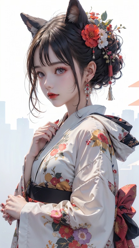  Ukiyo-e style, 1girl, solo, hair ornament, kimono, japanese clothes, looking at viewer, flower, black hair, orange flower, upper body, hair flower, blush, hand up, bangs, white background, obi, mask, sash, purple eyes, earrings, red flower, parted lips, floral print, jewelry, print kimono, hair bun, short hair, long sleeves, simple background, hairclip, mask on head, nail polish, tassel, cone hair bun, white kimono, blue flower, chinese zodiac, animal ears, ear piercing, wide sleeves, from side, white flower, goddess