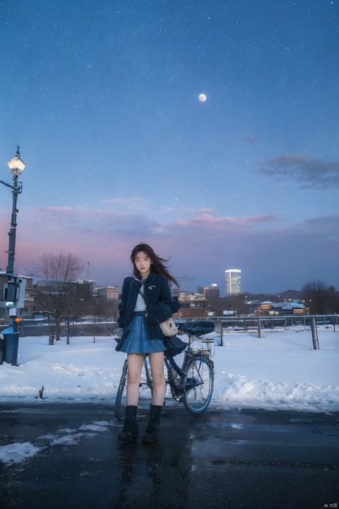  cloud, ground_vehicle, bicycle, sky, outdoors, 1girl, day, skirt, blue_sky, long_hair, brown_hair, building, cloudy_sky, solo, scenery, shoes, blue_skirt,cloud, milky_way, night, night_sky, power_lines, shooting_star, sky, star_\(sky\), starry_sky, constellation, galaxy, utility_pole, space, starry_sky_print, city_lights, cloudy_sky, sunset, snowing, aurora, starry_background, twilight, light_particles, gradient_sky, planet, lamppost, horizon, moon, crescent_moon, dusk, outdoors, skyline, sunrise, mountain, earth_\(planet\), scenery, snow, building, goddess,moyou, 1 girl