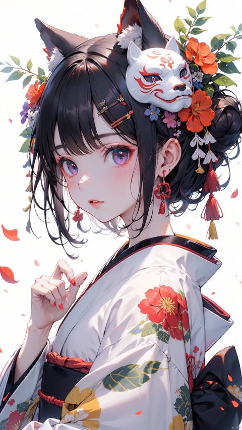  Ukiyo-e style, 1girl, solo, hair ornament, kimono, japanese clothes, looking at viewer, flower, black hair, orange flower, upper body, hair flower, blush, hand up, bangs, white background, obi, mask, sash, purple eyes, earrings, red flower, parted lips, floral print, jewelry, print kimono, hair bun, short hair, long sleeves, simple background, hairclip, mask on head, nail polish, tassel, cone hair bun, white kimono, blue flower, chinese zodiac, animal ears, ear piercing, wide sleeves, from side, white flower, goddess