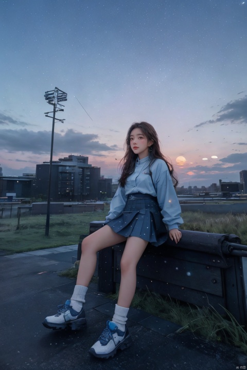  cloud, ground_vehicle, bicycle, sky, outdoors, 1girl, day, skirt, blue_sky, long_hair, brown_hair, building, cloudy_sky, solo, scenery, shoes, blue_skirt,cloud, milky_way, night, night_sky, power_lines, shooting_star, sky, star_\(sky\), starry_sky, constellation, galaxy, utility_pole, space, starry_sky_print, city_lights, cloudy_sky, sunset, snowing, aurora, starry_background, twilight, light_particles, gradient_sky, planet, lamppost, horizon, moon, crescent_moon, dusk, outdoors, skyline, sunrise, mountain, earth_\(planet\), scenery, snow, building