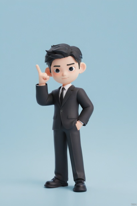 a 25-year old cool boy, Business man, Suit, clean background, Black hair, Lift one finger to the side：1.2, Disney style, IP by pop mart, fine luster, clean background, gentered composition, Do it by hand, 3D render, Blind box, Soft focus, oc, best quality --niji 5-s 400--style expressive -iw 1/2, Peiqi, blender, IP, blind box toy style, UHD, super detail, high details, high quality, best quality, 16k