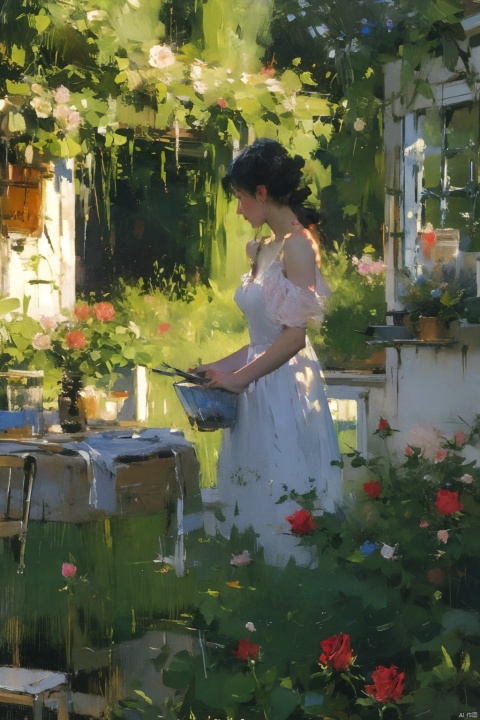  {best quality}, {{masterpiece}}, {highres}, Oil Paintings, ((Monet's Garden)), Oil painting strokes, A painting, Monet style, extremely detailed CG, extremely detailed 8K wallpaper, (((masterpiece))), ((ultra-detailed)), ((sketch)), (painting), ((wide_shot)), garden, (detailed light), day, Dashan, garden, lily_\(flower\), 1girl, closed mouth, black hair, red eyes, bare shoulders, lolita, dress, Broken flower skirt, medium breasts, petals, falling petals, (((rose))), (vines), cage, sky, bichu, FeiNiao, 1 girl, Monet V1, (illustration), Monet style, Oil Paintings, Hand-drawn, (((best quality))), cozy anime